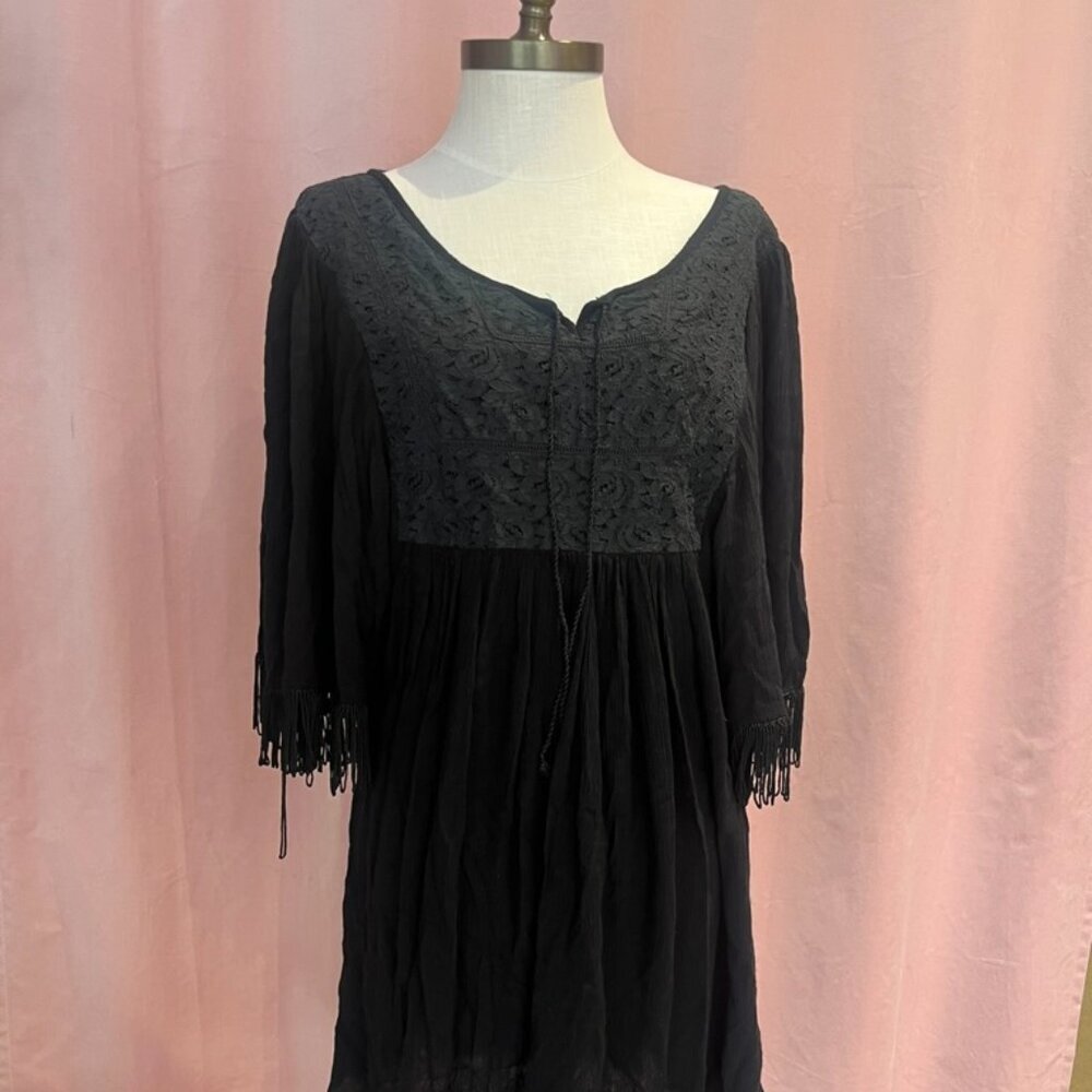 Maison Coup Black Boho Dress XL Fits L Festival Fringe Sleeve Rayon Tunic - Picture 4 of 9